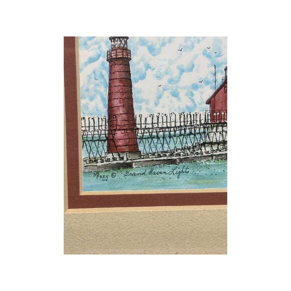 Grand Haven Michigan Pierhead Lighthouse Print Framed Artwork 5"x5" Signed Mpre - Picture 2 of 6